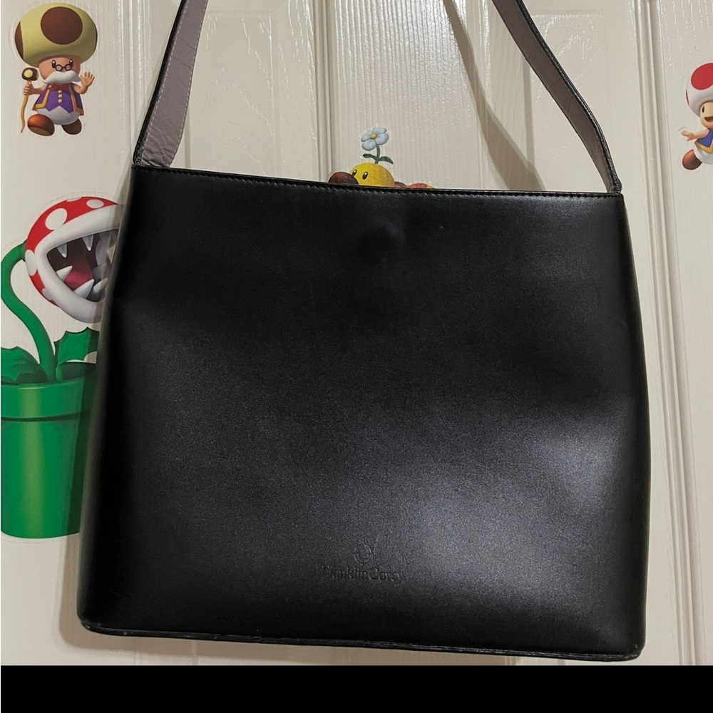 Franklin Covey Full Grain Leather Black Shoulder Bag Lavender Closure Gingham